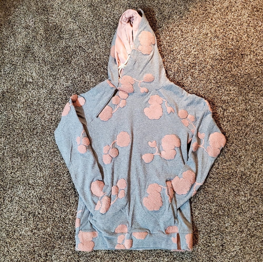 Ampersand Avenue Womens S Gray & Pink Embroidered Kangaroo Pocket Double Hoodie